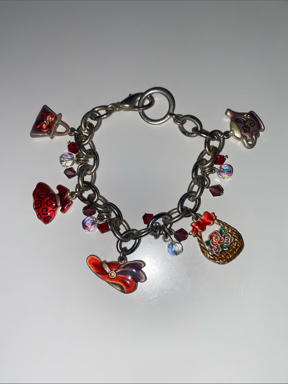 Red Hat Charm Bracelet with Hat & Basket Charms